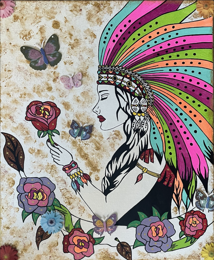 Tableau Wakand'Art Intuitif - Femme amérindienne aux papillons
